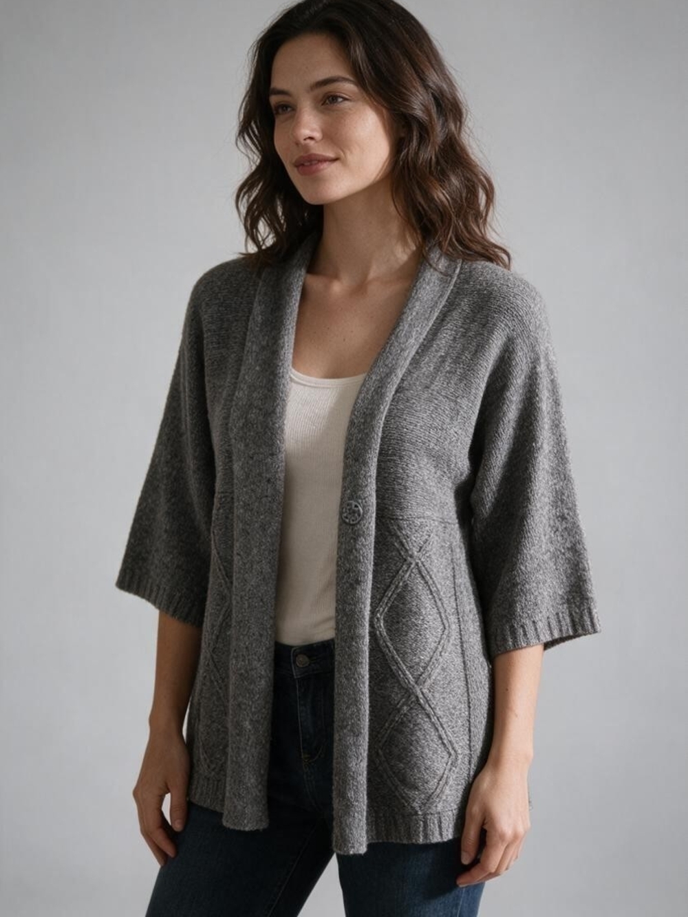 Dress Barn Charcoal Gray Diamond-Panel Open Cardigan